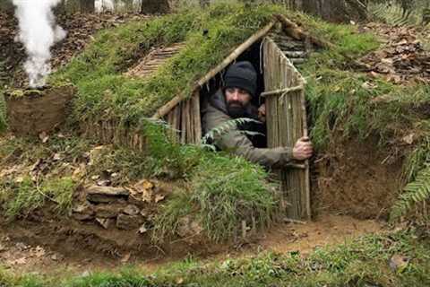 Building complete and warm survival shelter | Bushcraft earth hut, grass roof &amp; fireplace with clay