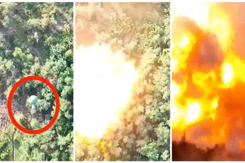 Video shows huge explosion from Ukrainian drone dropping a grenade on a hidden Russian ammo cache